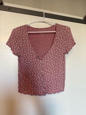 American Eagle Outfitters Rose Mauve Floral Button-Front Ribbed Top